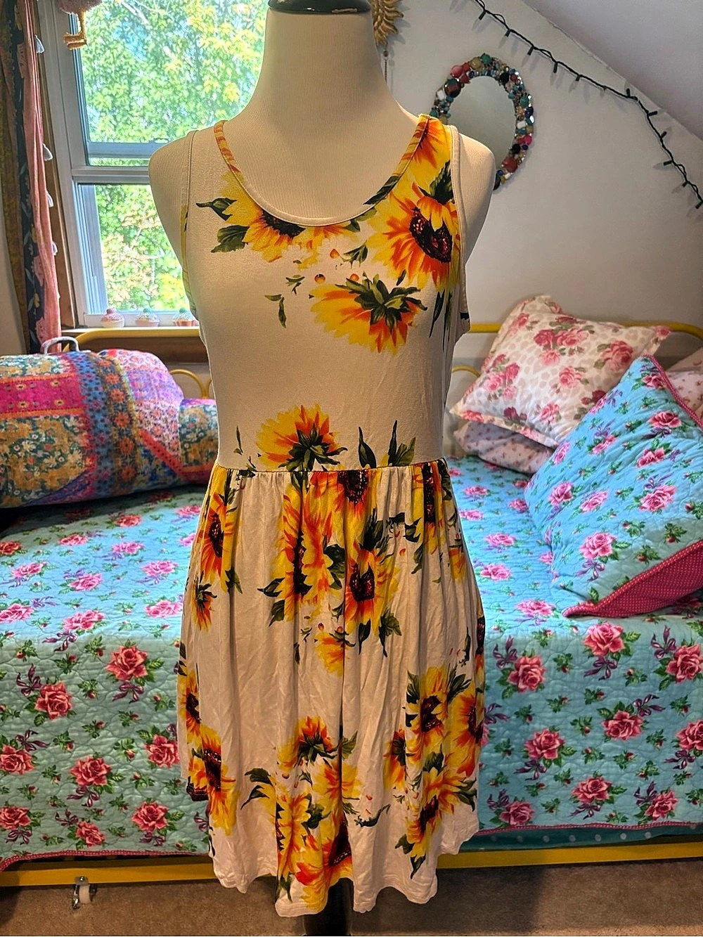 LONGYUAN Sunflower Print Tank Dress Floral Midi Yellow & Brown Small